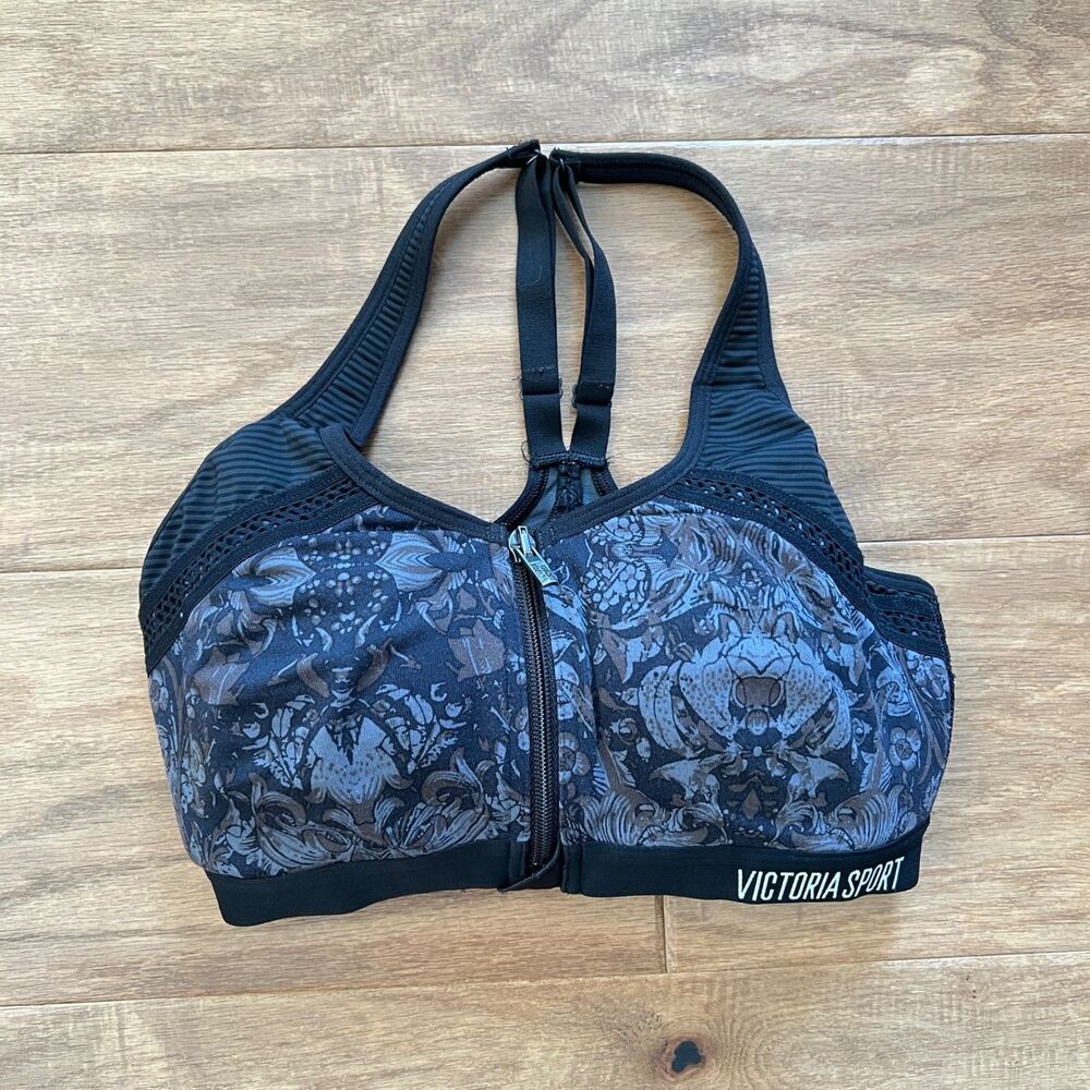 Victoria Sport Knockout Victoria's Secret Front Close Sports Bra 32D Black Print